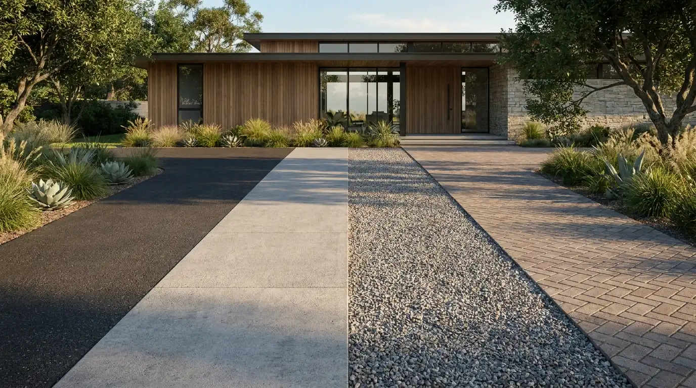 asphalt concrete gravel and paver driveway surfaces compared beside a residential home