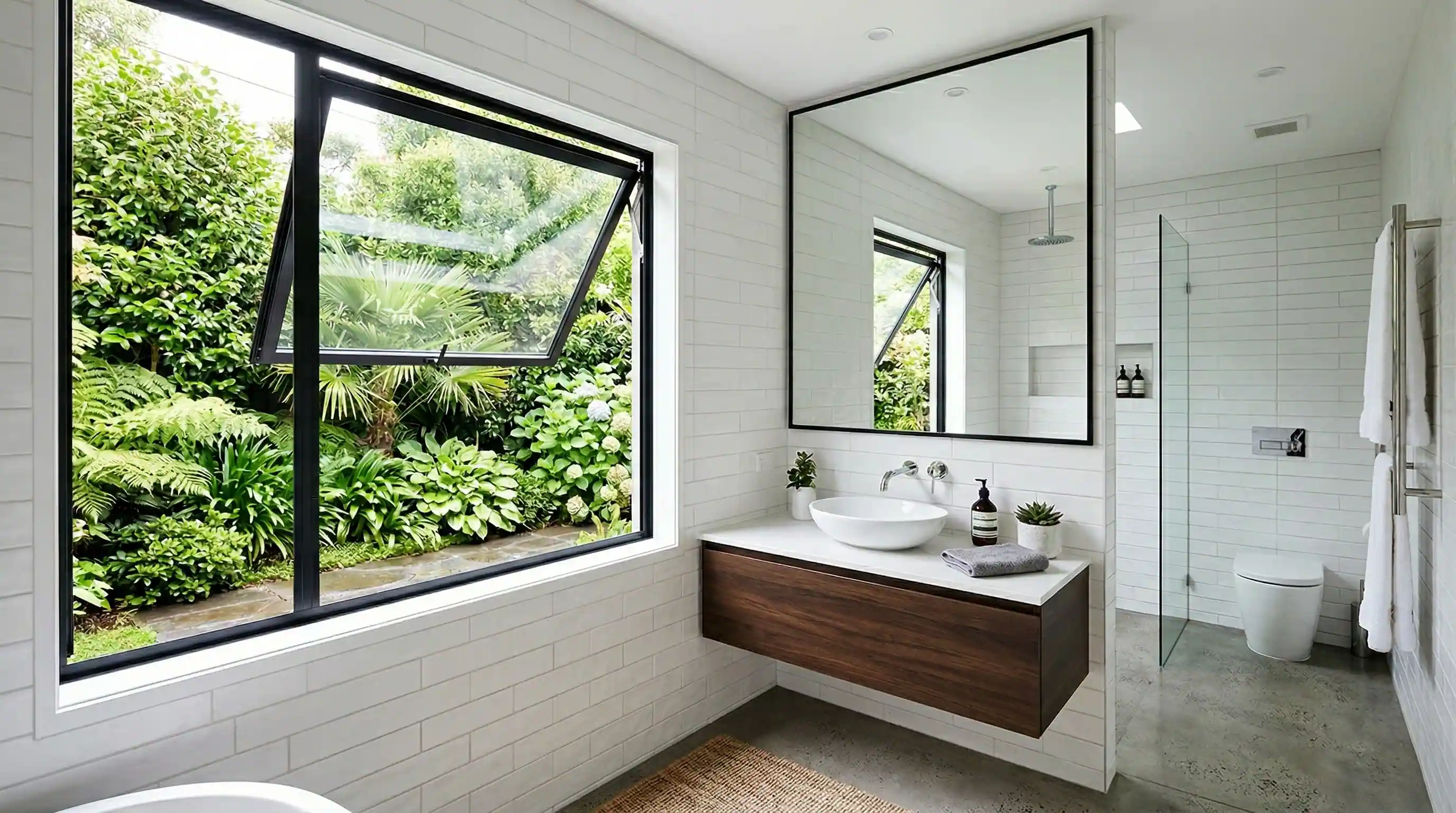 awning window open in a bathroom during rain showing privacy light and ventilation