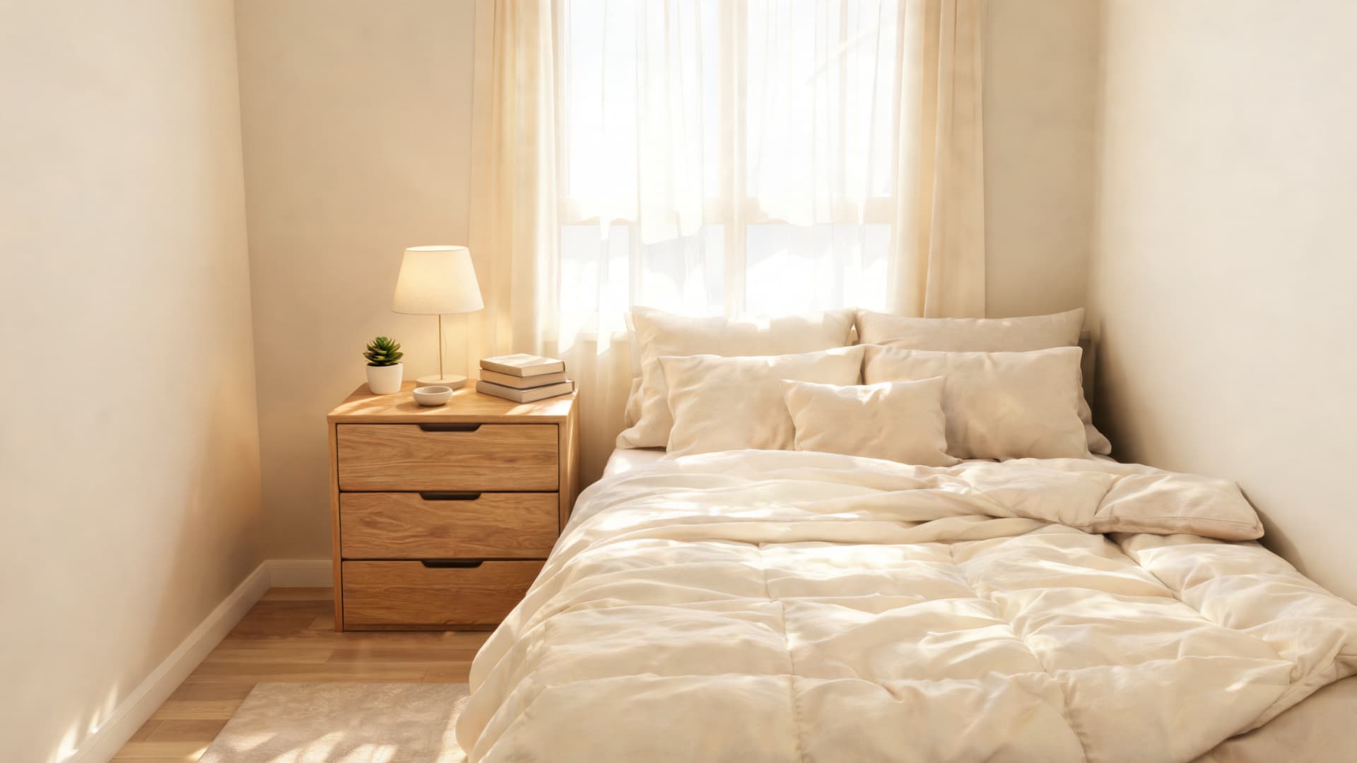 cozy minimalist bedroom with compact wooden bachelor's chest soft neutral decor and warm natural sunlight ambiance