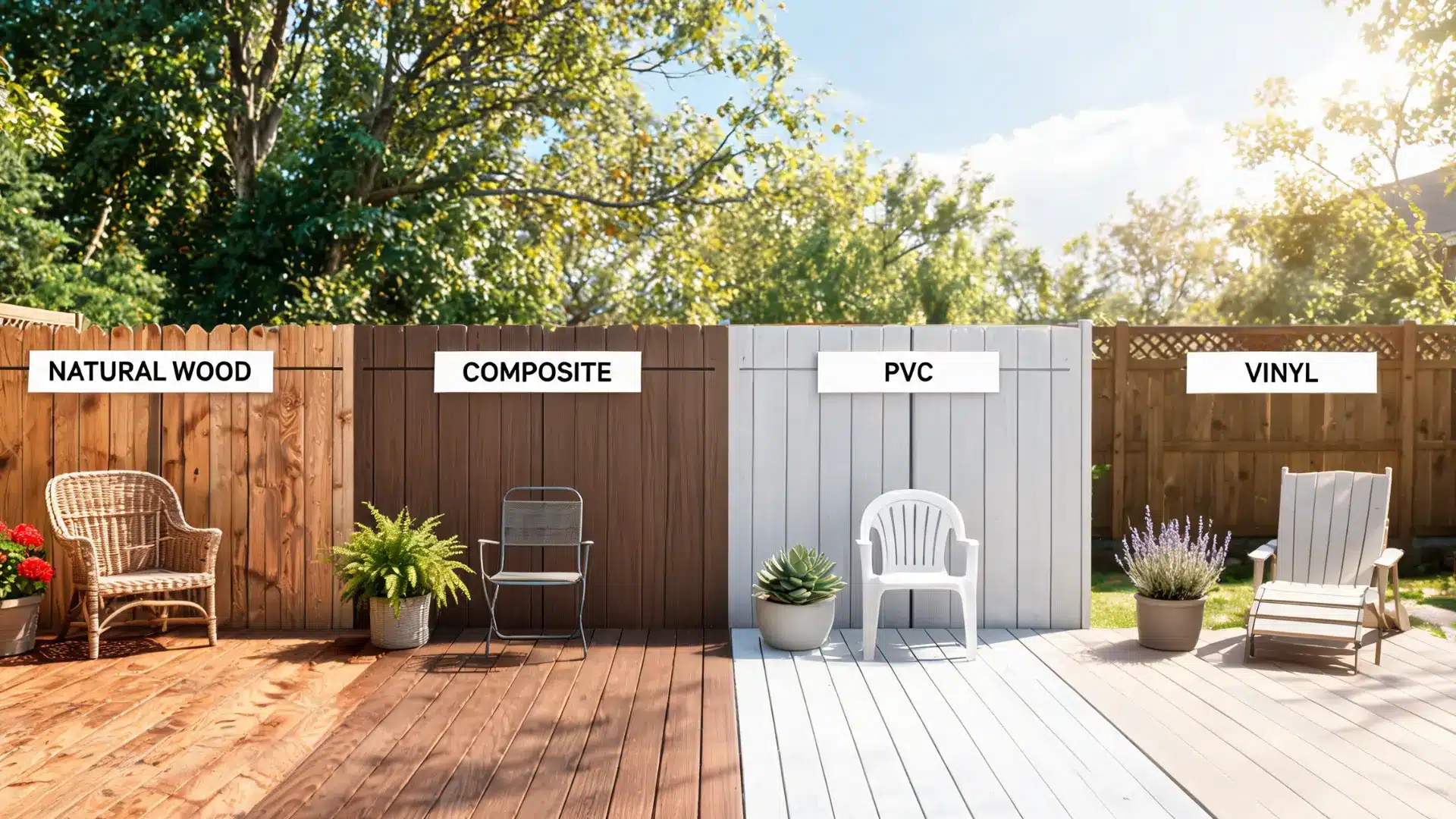 backyard deck displaying wood, composite, pvc, and vinyl boards side by side with realistic textures in sunlight