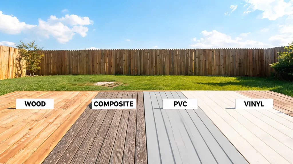 backyard deck showing wood, composite, pvc, and vinyl boards side by side with realistic textures in sunlight