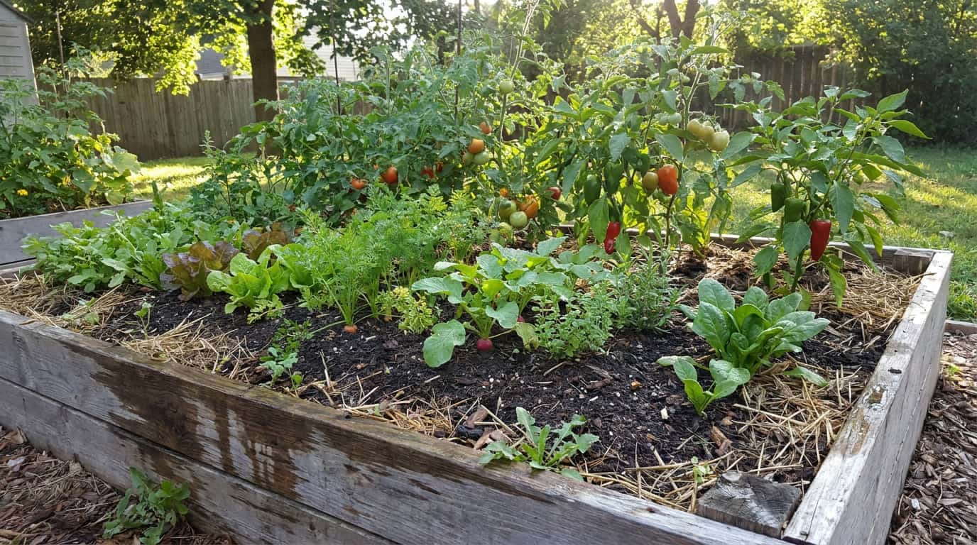 backyard raised bed with tomatoes peppers lettuce carrots herbs and natural soil texture (1)