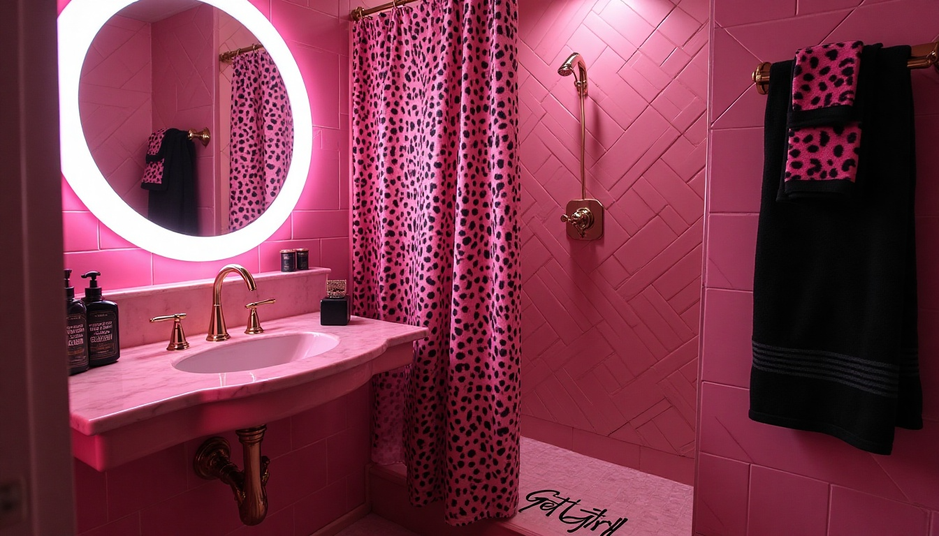 pink baddie bathroom with glowing mirror, leopard shower curtain, gold fixtures, black towels, and bold glam decor details