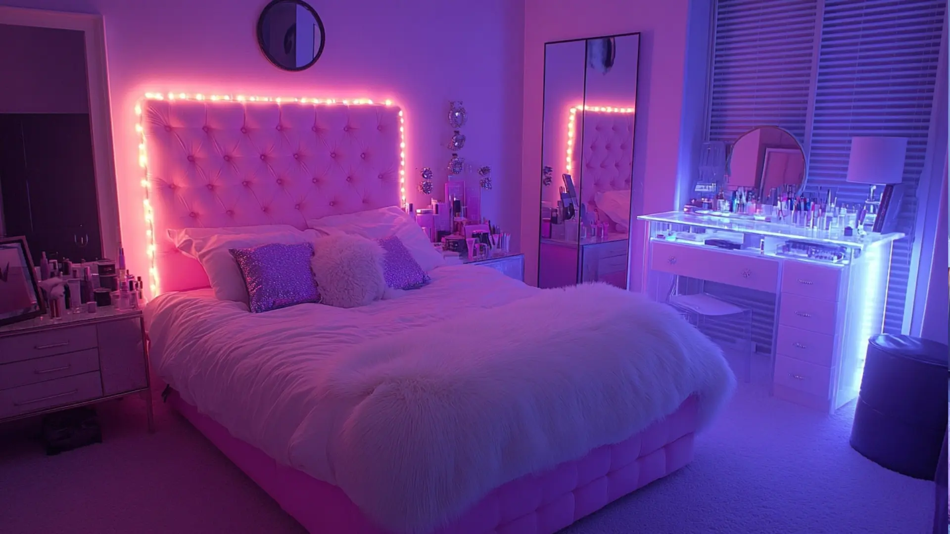 pink and purple baddie bedroom with LED headboard lights, glam vanity, full mirror, fluffy bedding, and soft glowing decor