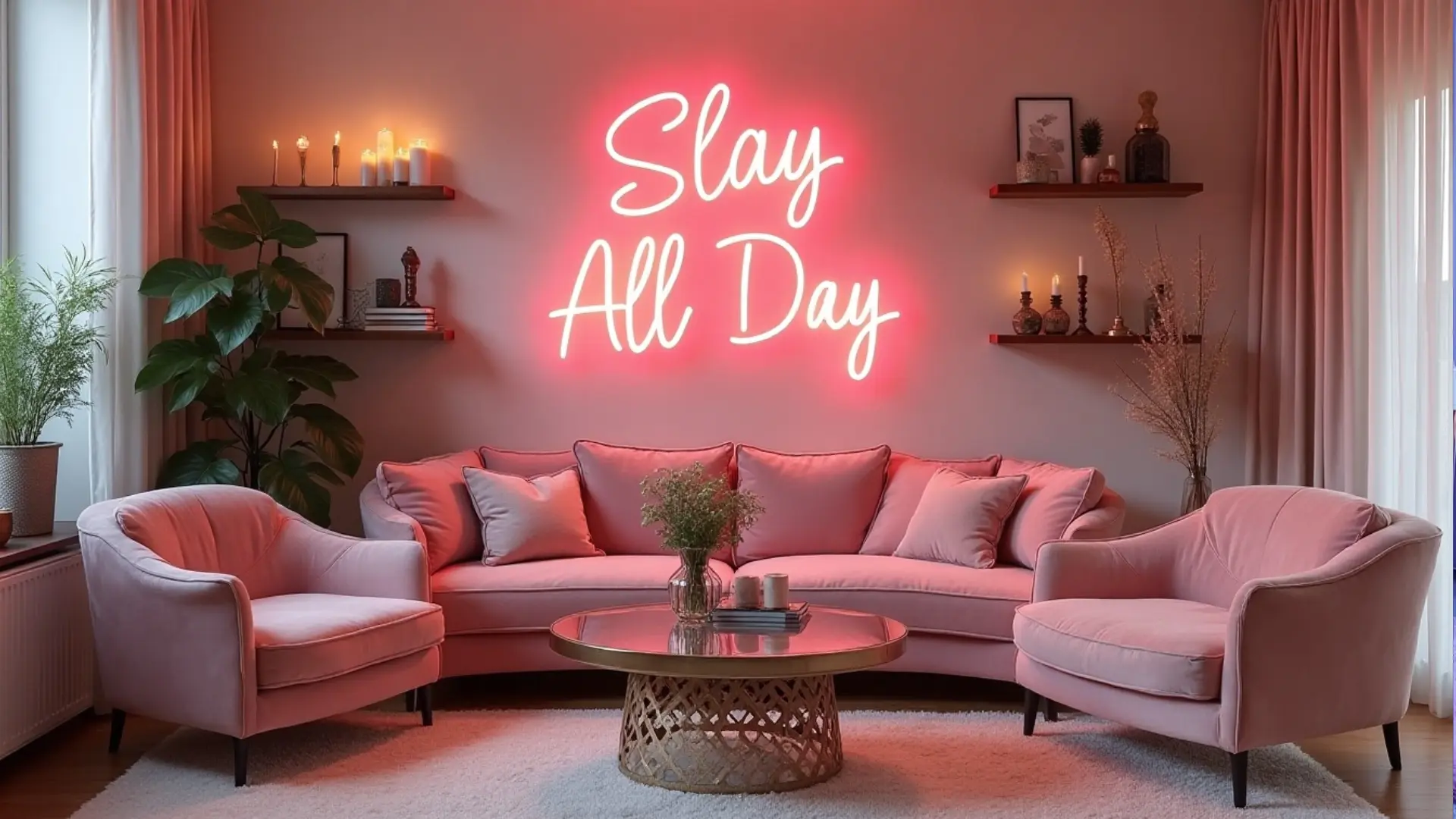baddie living room with pink seating, neon wall sign, floating shelves, soft rug, plants, candles, and cozy glam accents