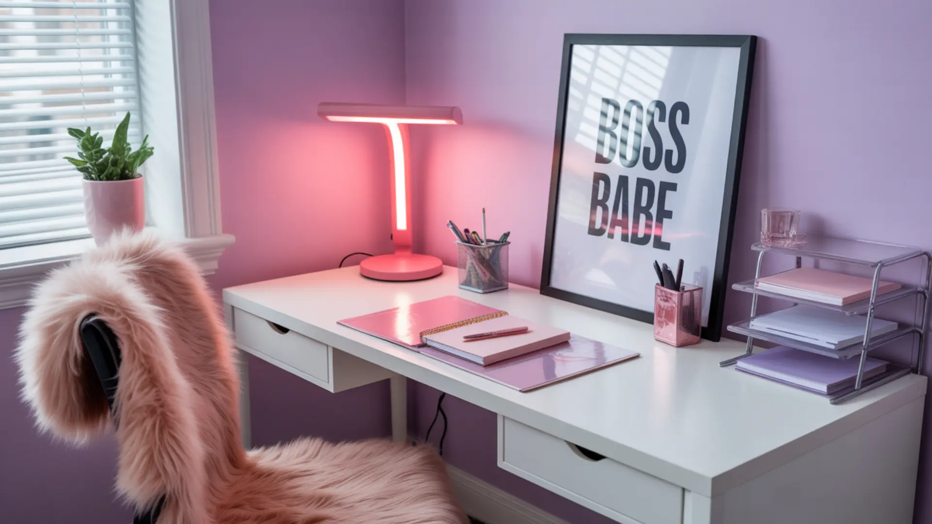 baddie desk setup with pink LED lamp, faux fur chair, boss wall art, pastel stationery, plant, and organized accessories