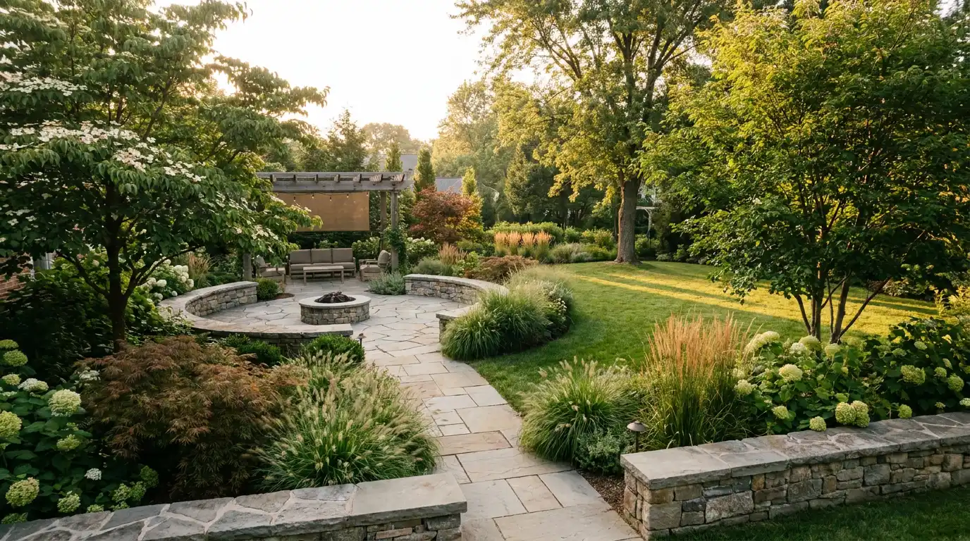 balanced yard with stone paths soft plants grass and trees showing hardscape and landscape working together