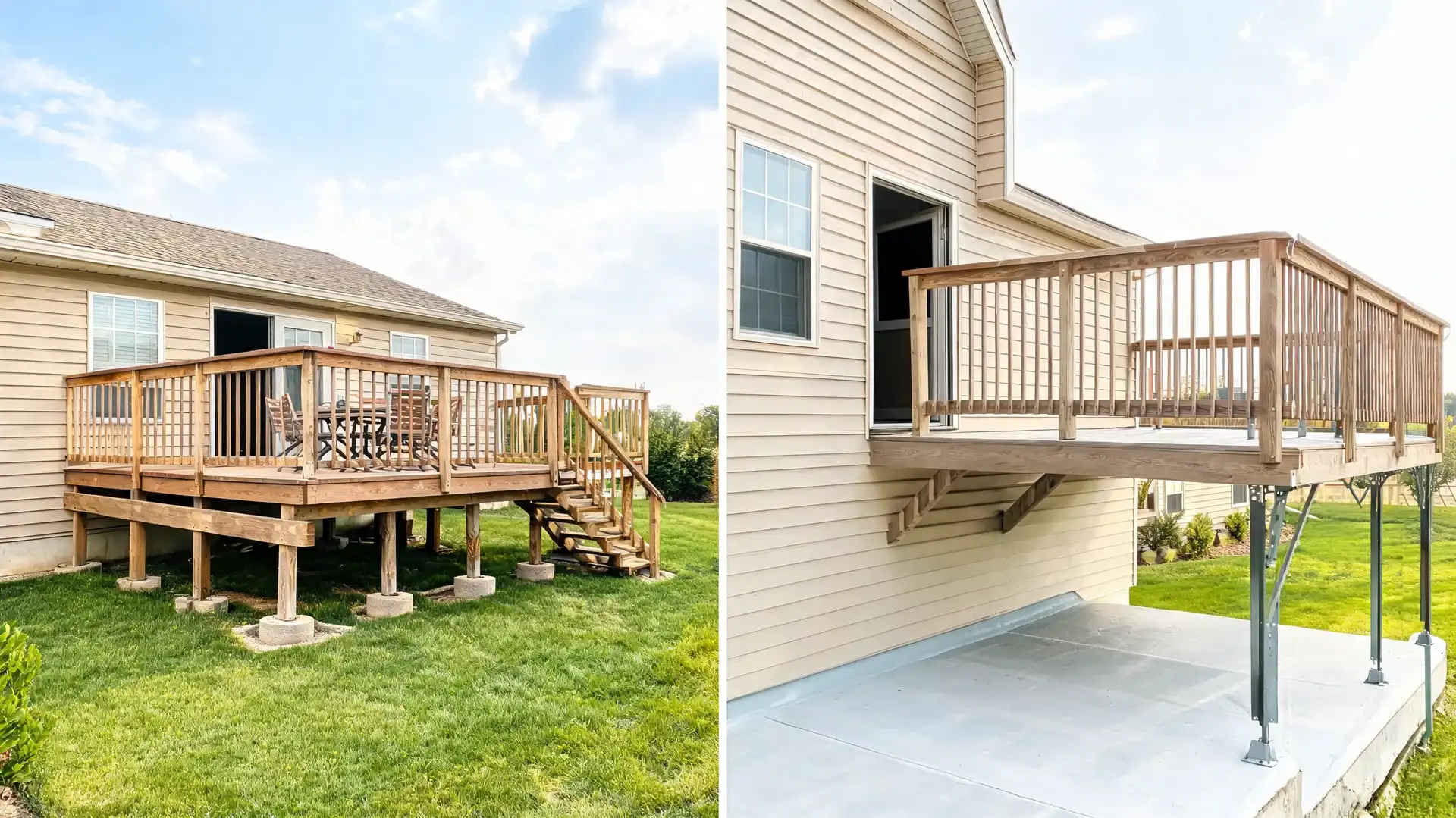 two photos show raised wooden outdoor platforms attached to beige houses with railings and stairs