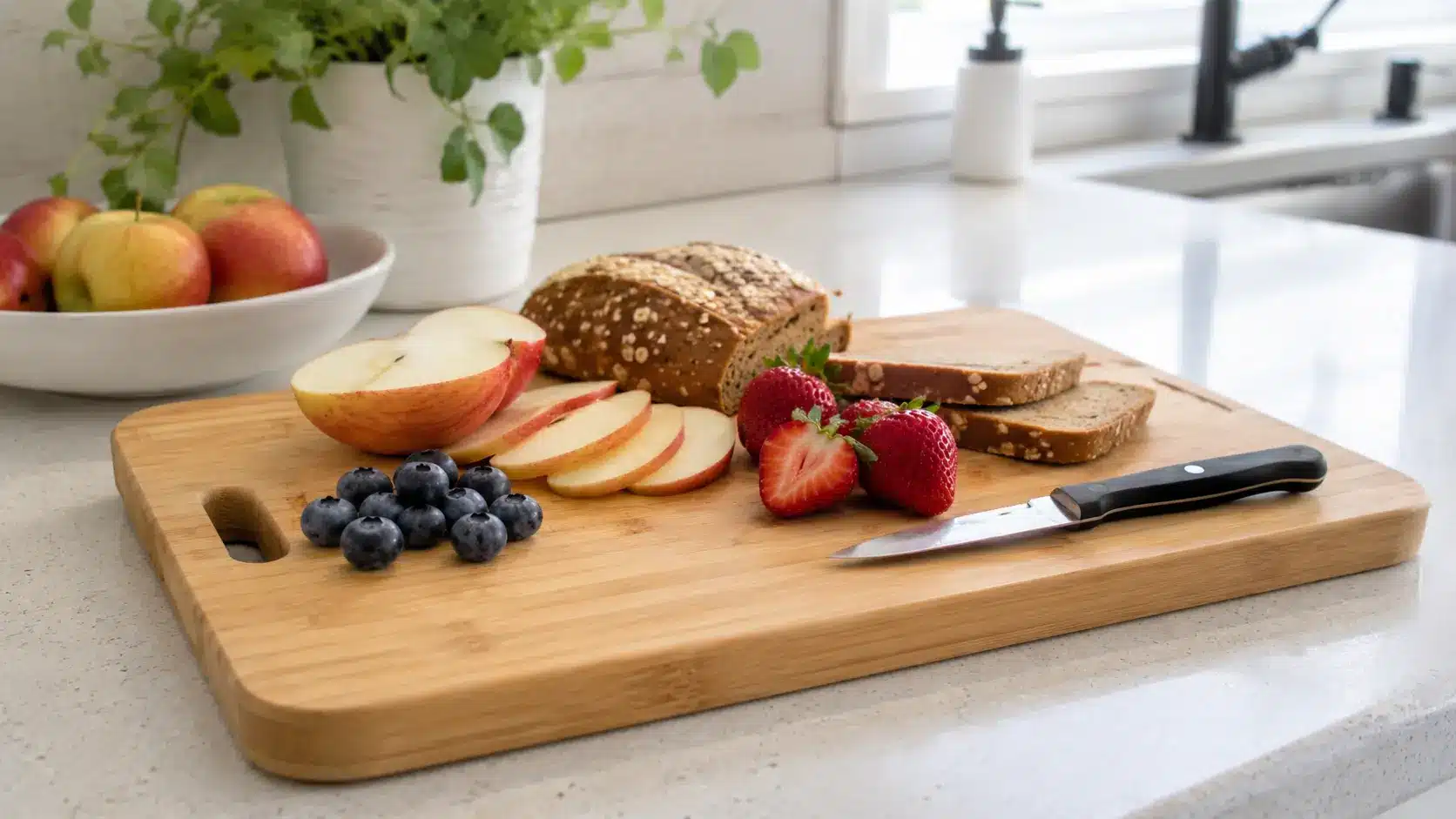 a bamboo cutting board with sliced fruit bread and a small knife showing a light natural board for simple prep