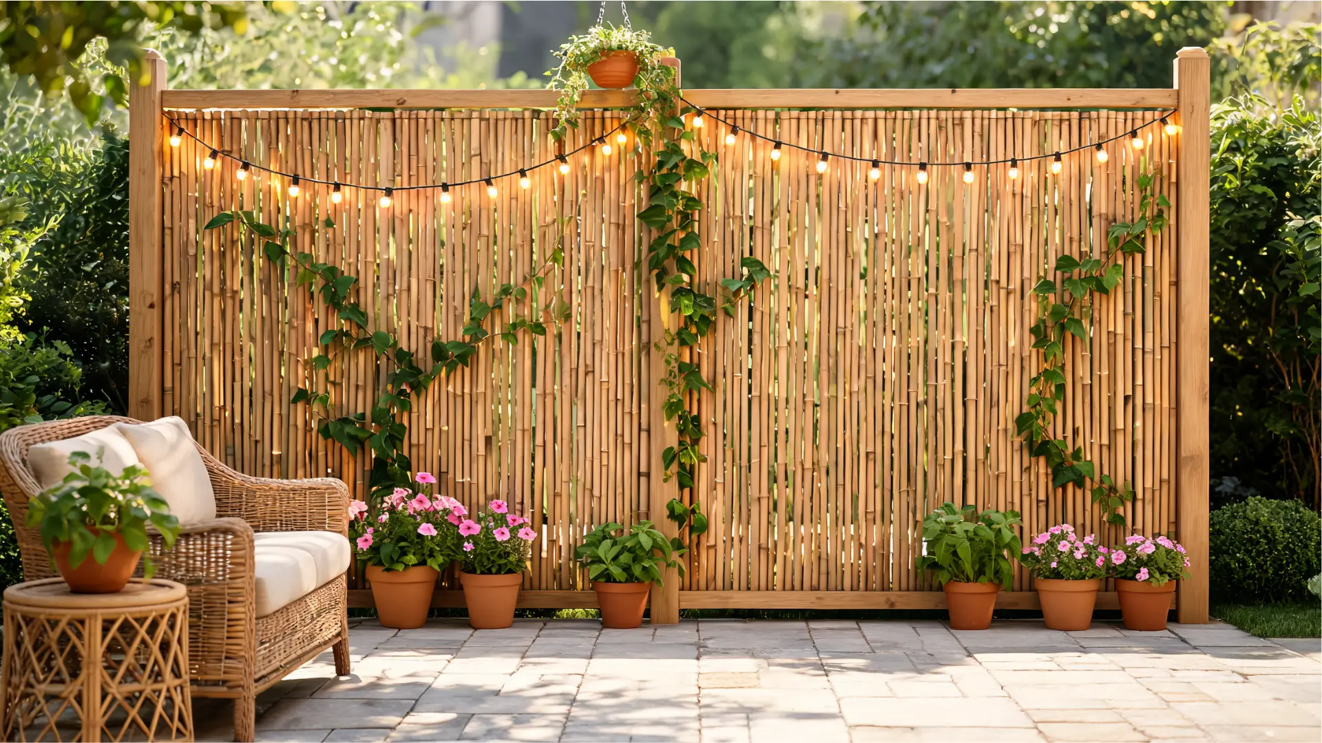 bamboo roll fence with string lights, vines, and rattan furniture creating a warm patio privacy screen