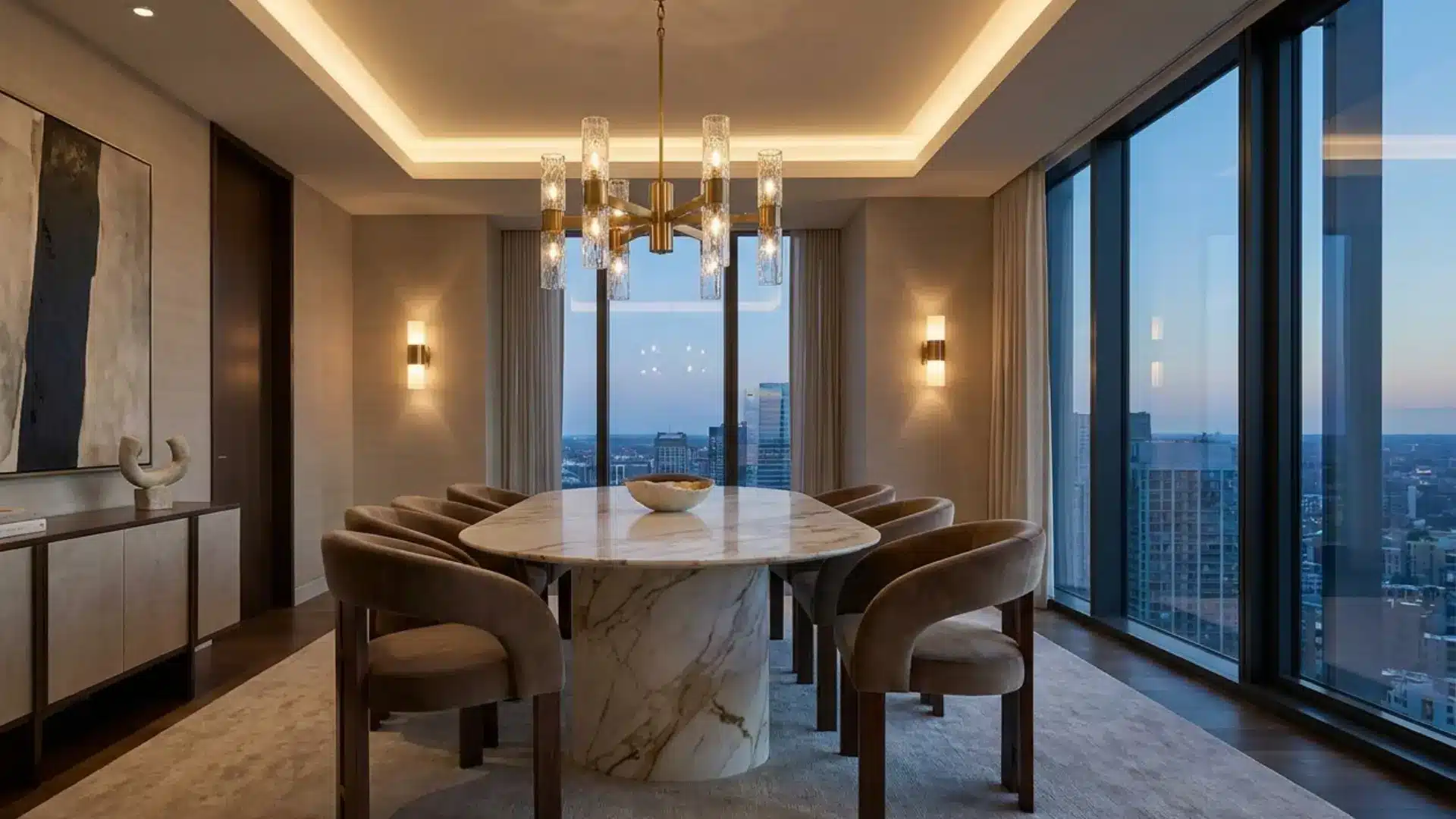 barrel upholstered dining chair in luxury modern dining room with curved backrest elegant interior style