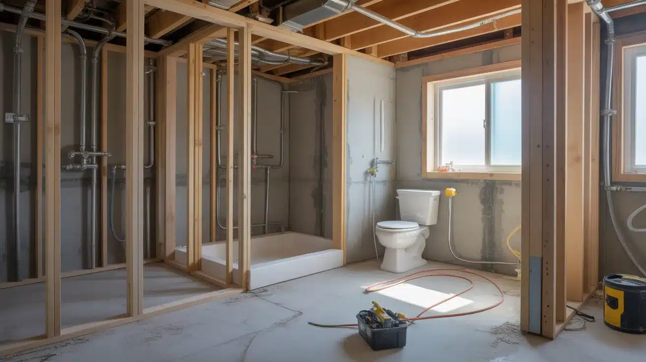 basement bathroom framing and plumbing show how much does it cost to finish a basement when adding fixtures and drains