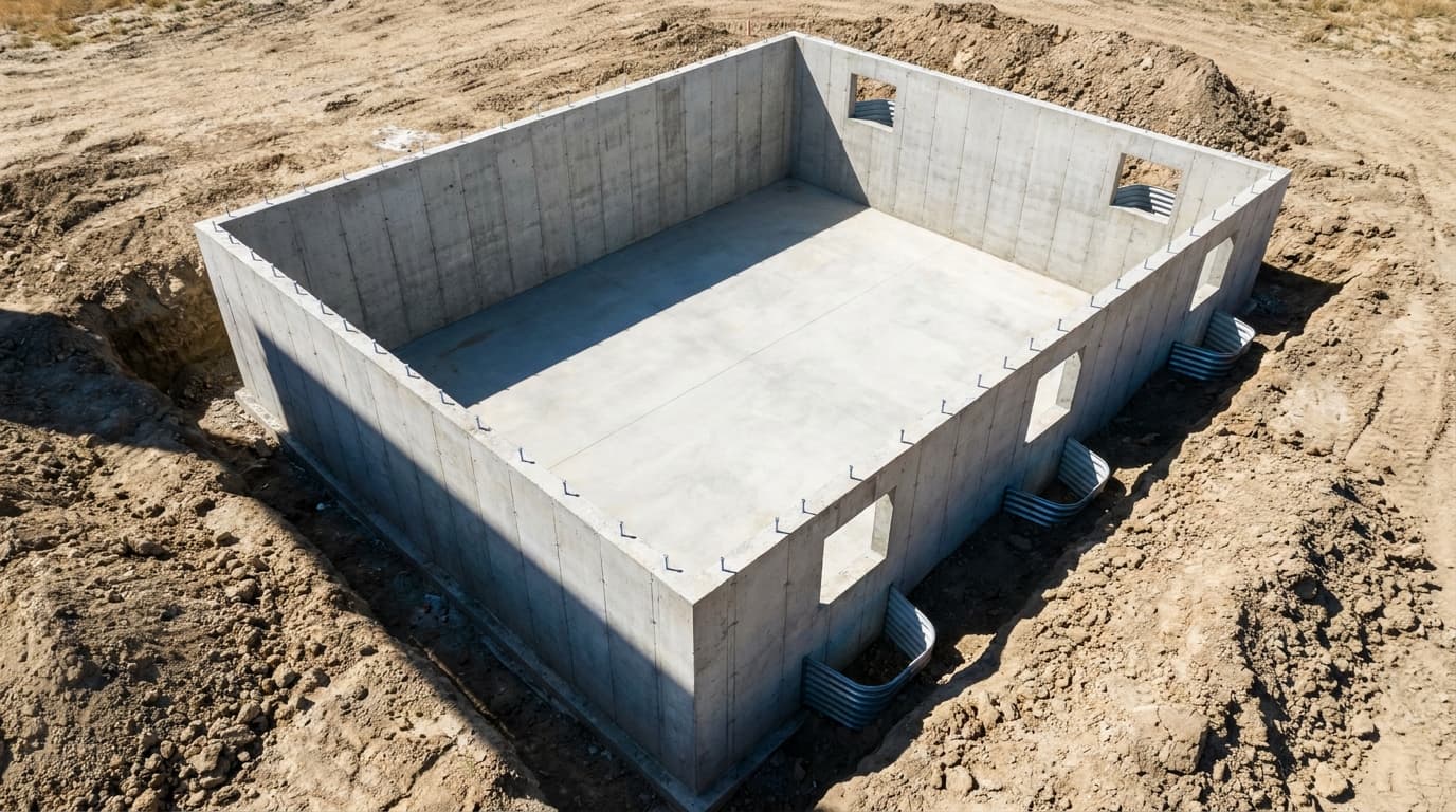 unfinished basement foundation with poured walls floor slab anchor bolts and framed window openings on construction site