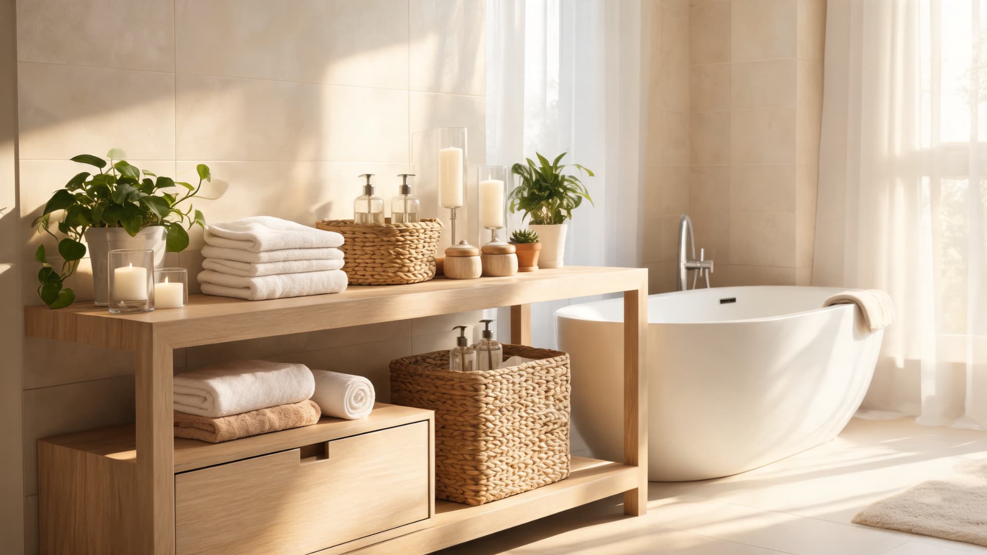 spa inspired bathroom console table styling with woven baskets candles and soft natural light