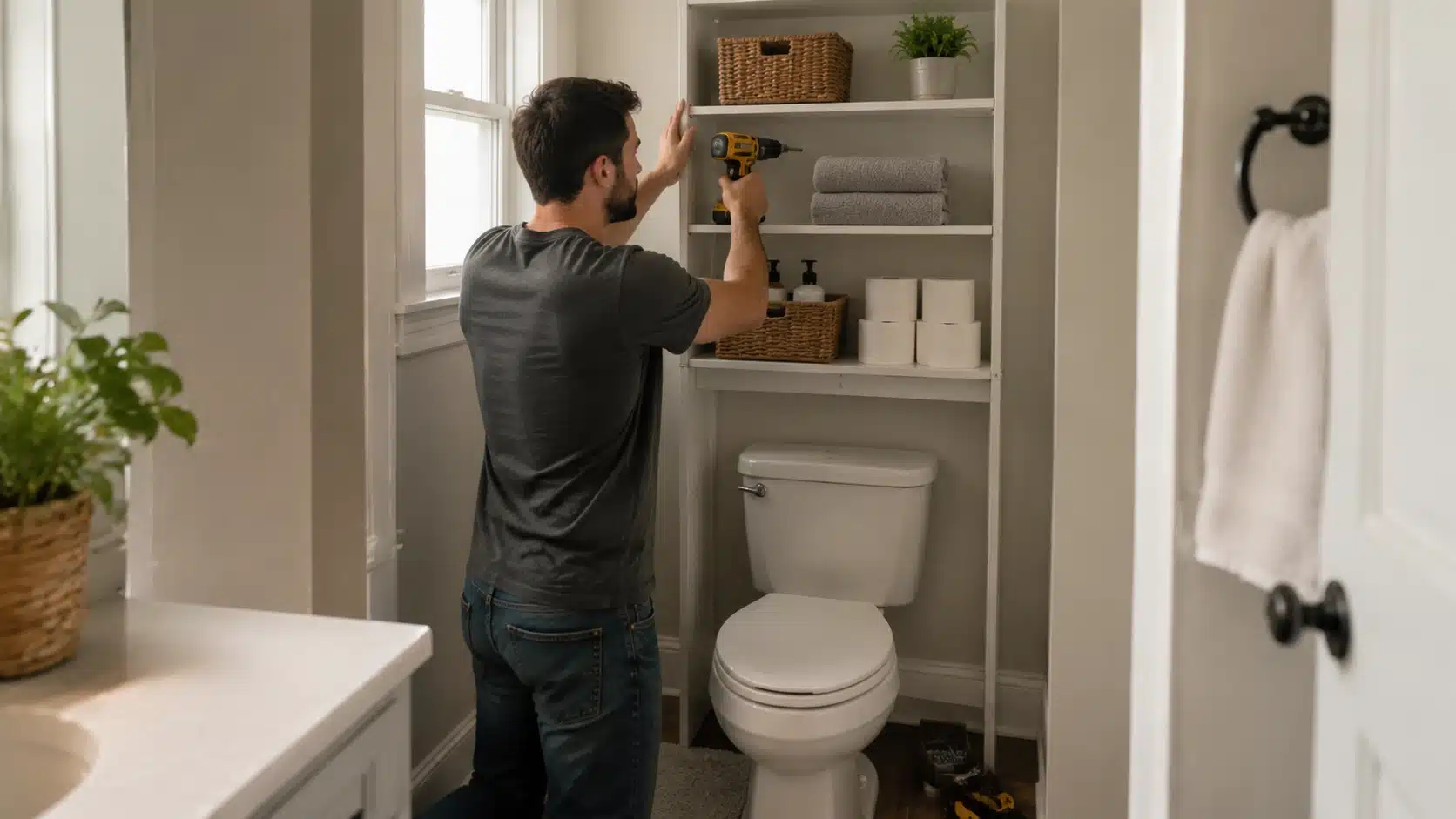 bathroom diy home projects showing a man installing over-toilet shelves with towels, baskets, supplies, and wall anchors