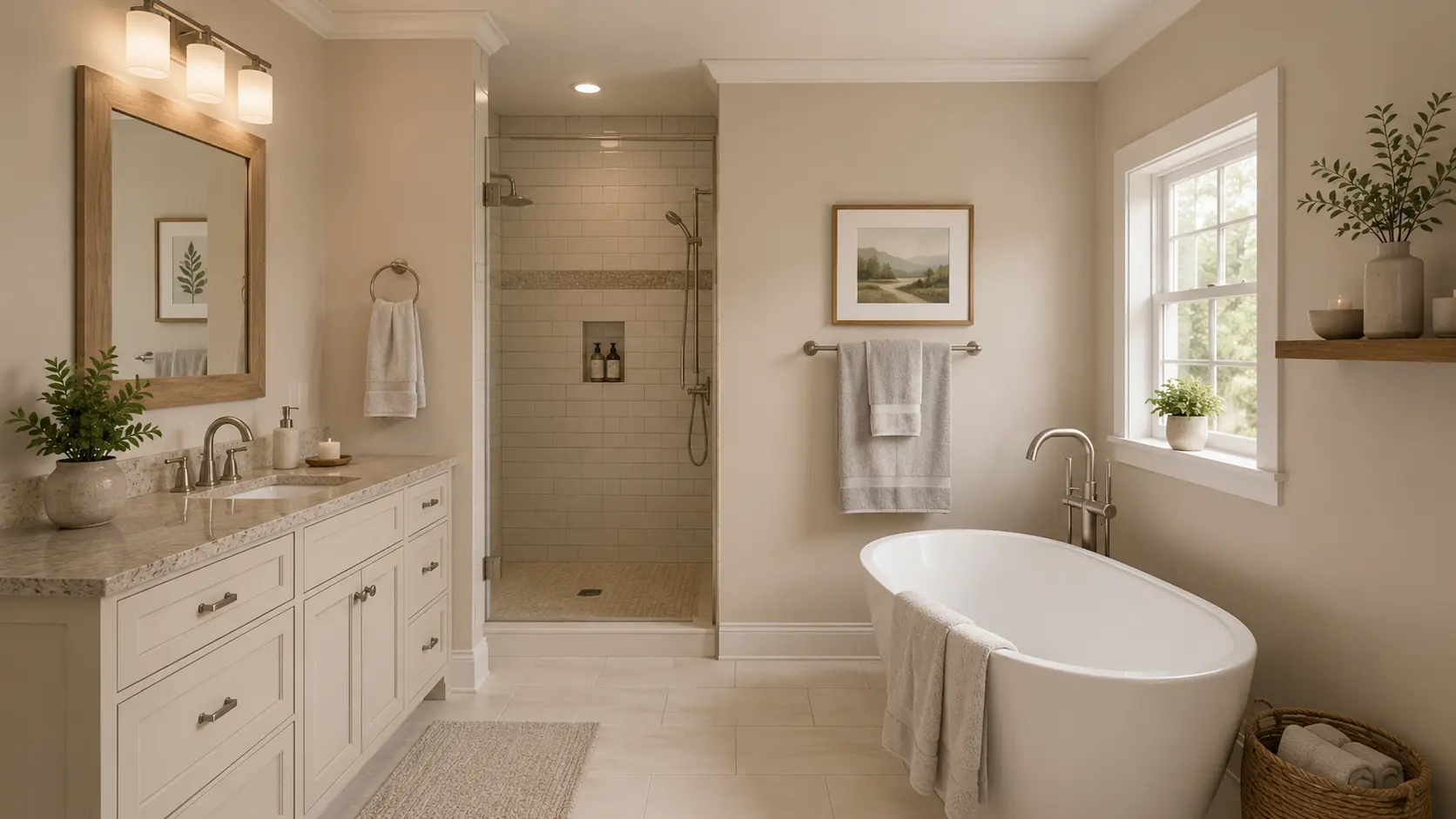 bathroom with bungalow beige walls cream vanity white tub beige tile and soft natural light