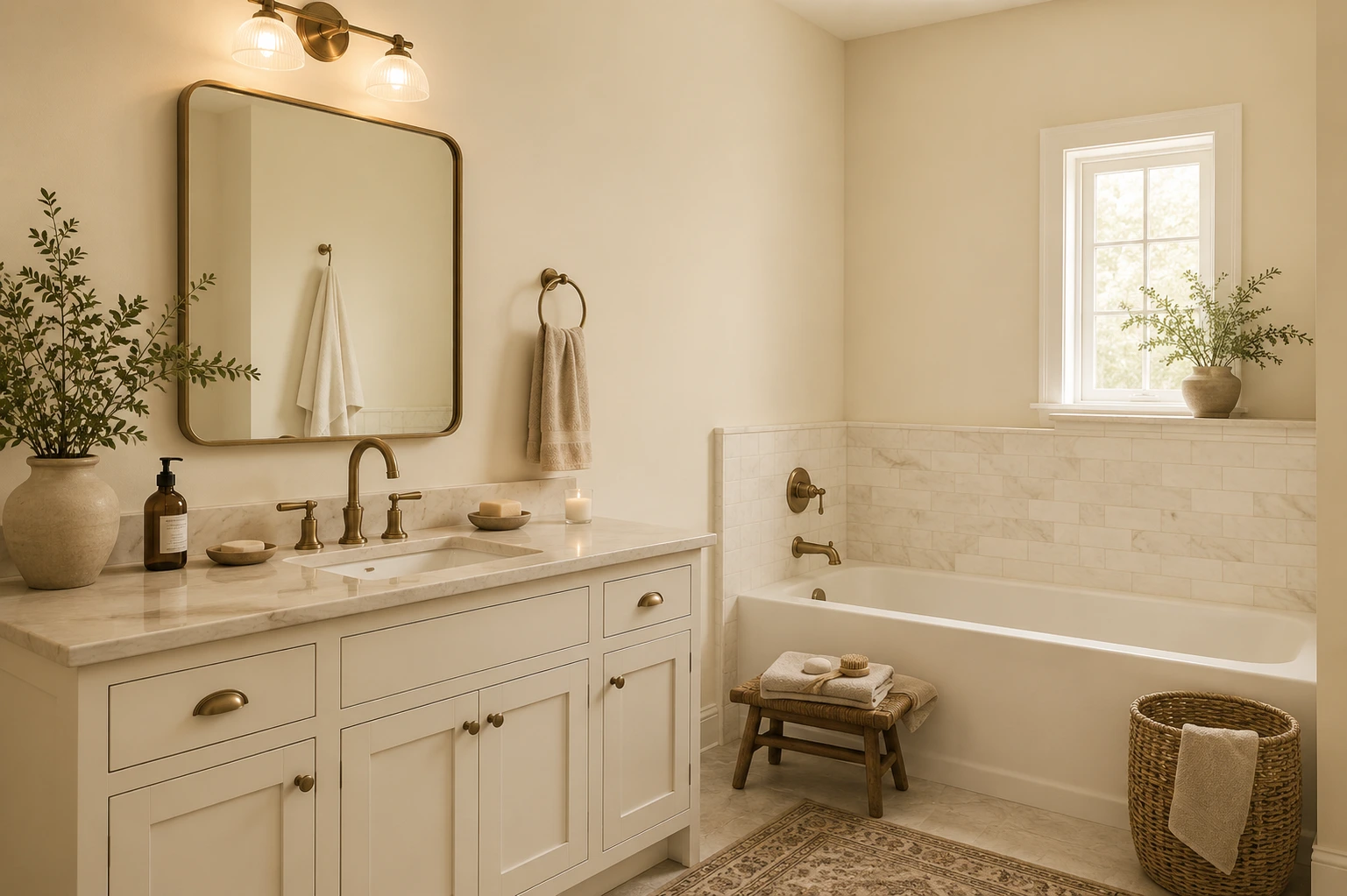 bathroom with manchester tan hc-81 walls, warm tile, wood vanity, and soft natural and vanity lighting