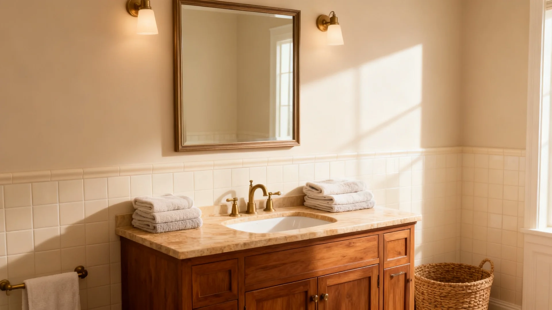 bathroom with natural linen walls, cream tile, wood vanity, brass fixtures, and soft warm lighting