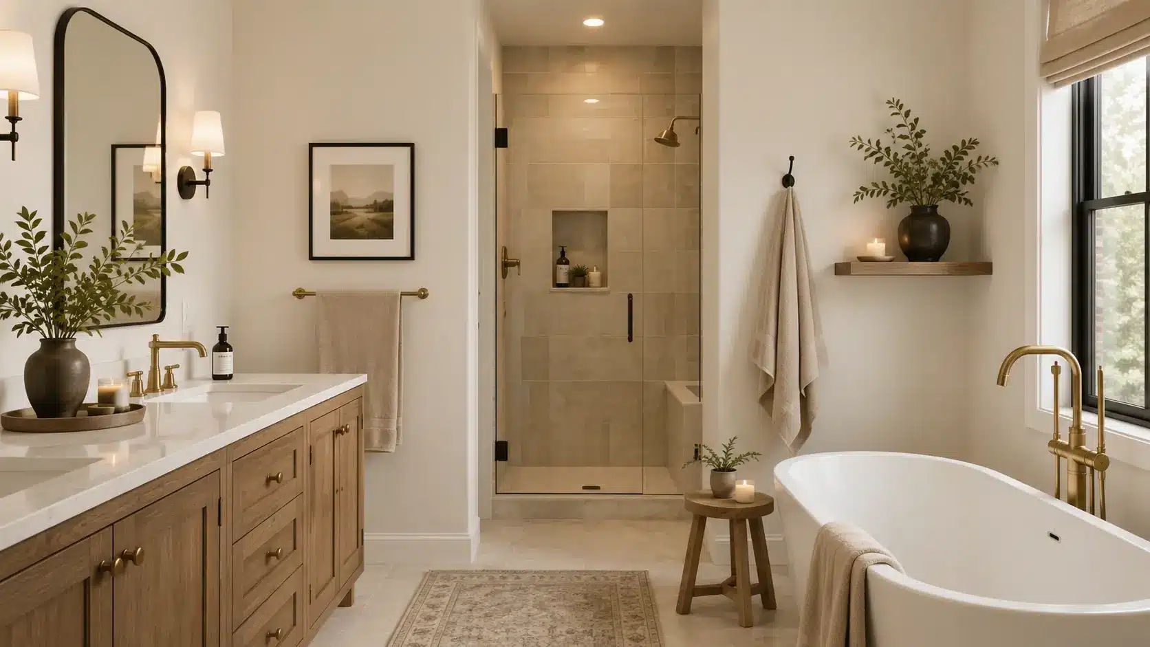 Bathroom with White Duck walls, warm stone tile, brushed brass fixtures and wood vanity