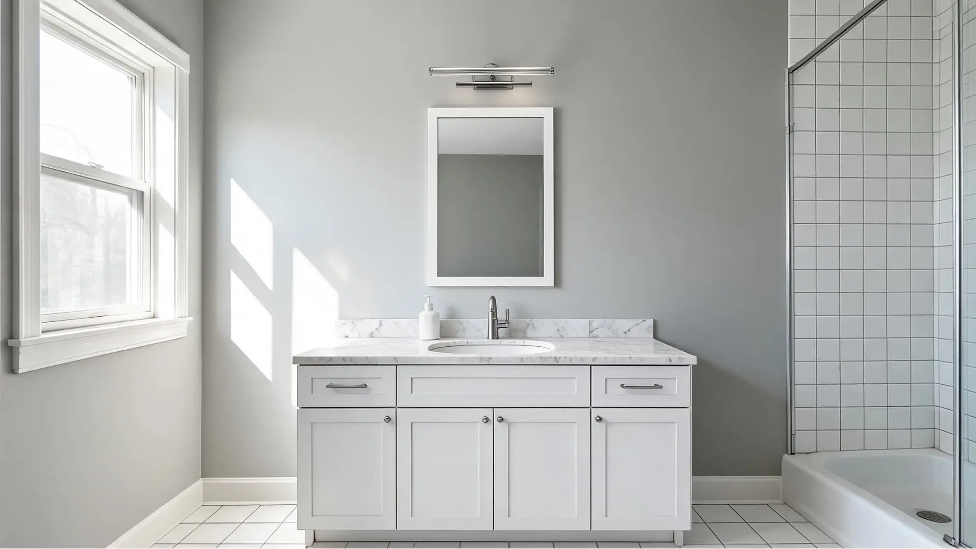 bathroom with Benjamin Moore Gray Owl-inspired light gray walls, white tile, marble-style surfaces, chrome fixtures, and a white vanity
