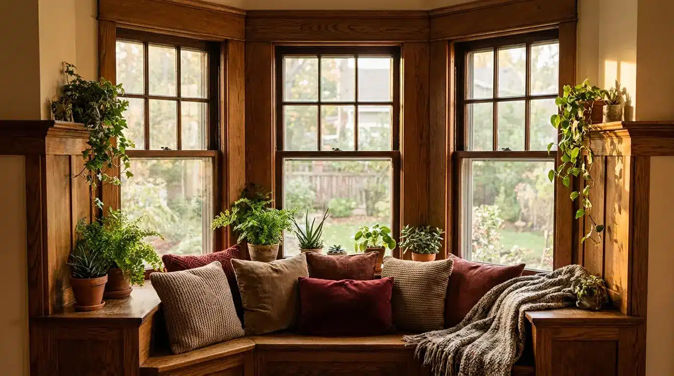 bay window with three angled panels creating a bright seating nook in a home