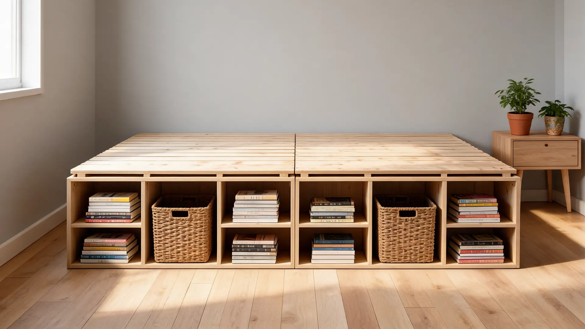 Bed frame made from low cube shelves with a plywood platform on top in a small bedroom