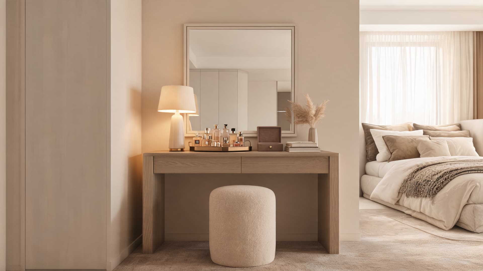 modern bedroom vanity console table styling with soft lighting neutral decor and cozy accents