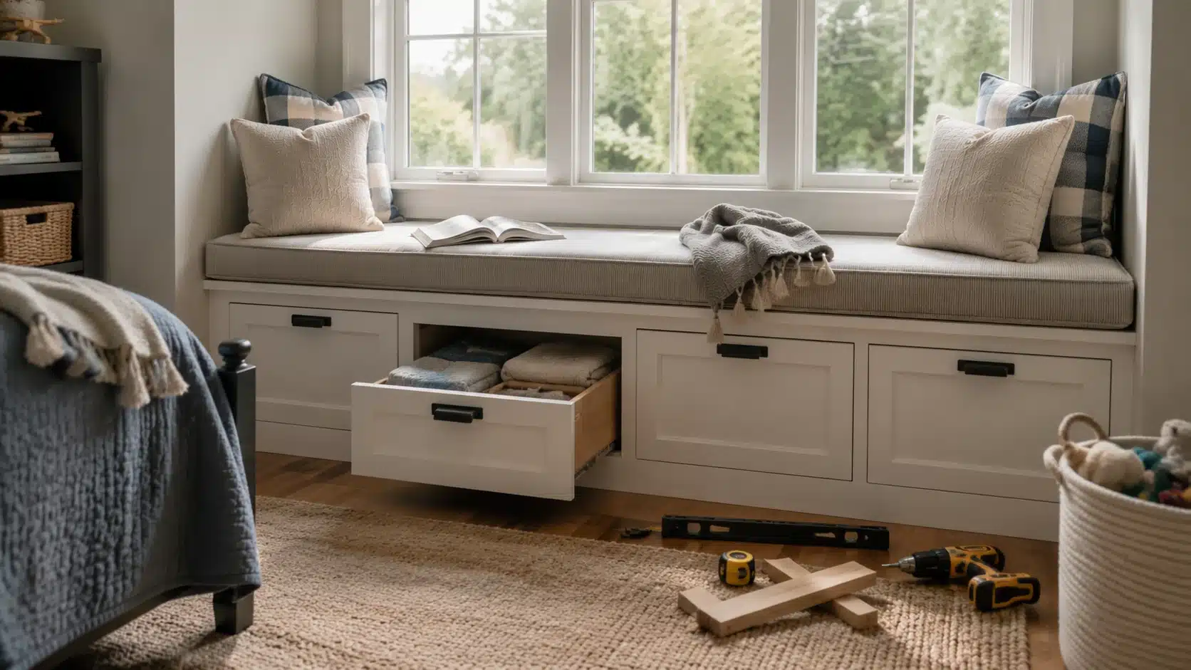 bedroom diy home projects showing a built-in window seat with storage drawers, cushions, blankets, books, and tools