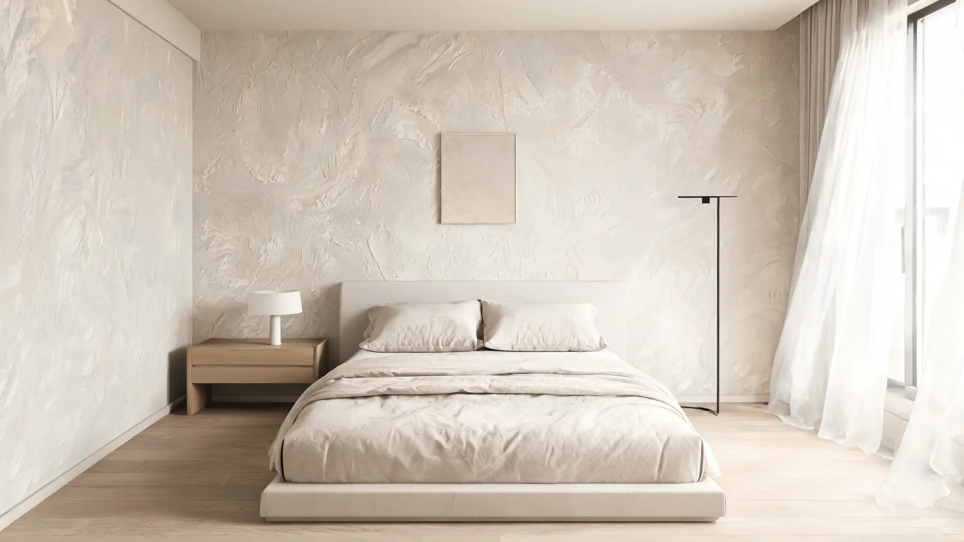 bedroom wall with skip trowel drywall texture, flowing pattern and minimalist modern décor