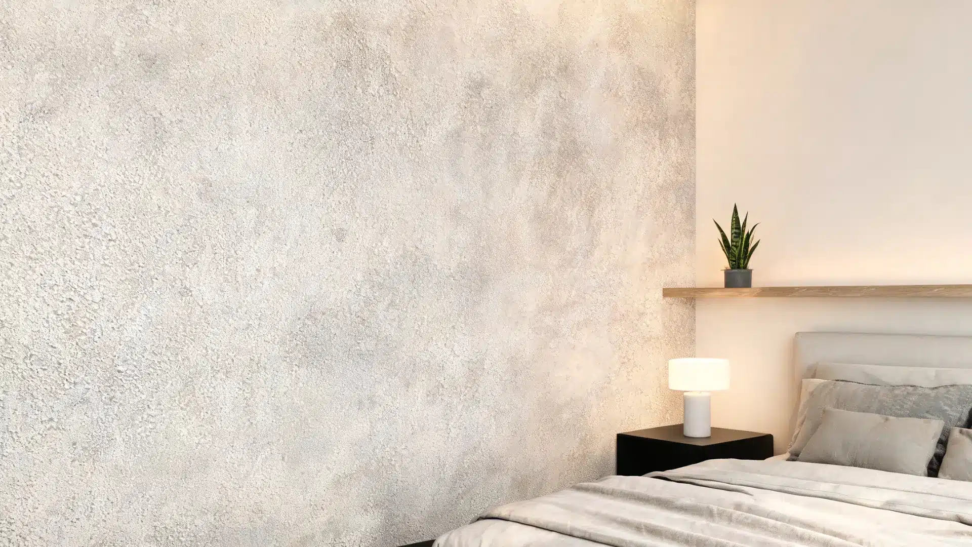 bedroom wall with spray knockdown drywall texture, soft subtle pattern and contemporary décor