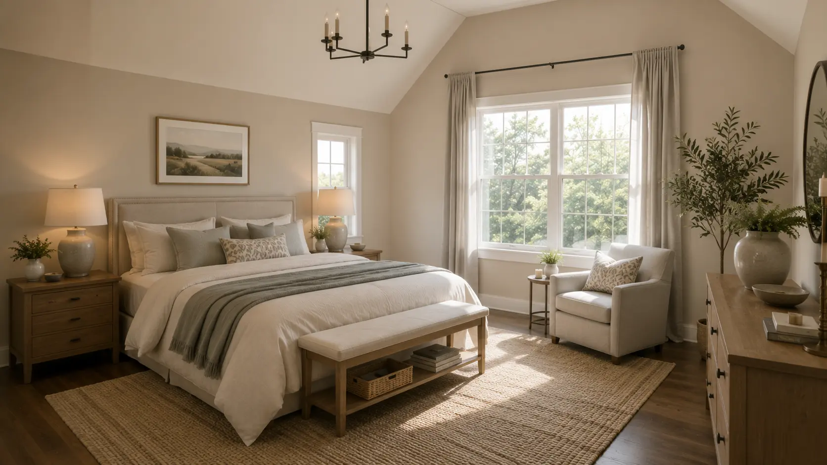 bedroom with bungalow beige walls white bedding gray accents wood furniture and natural light