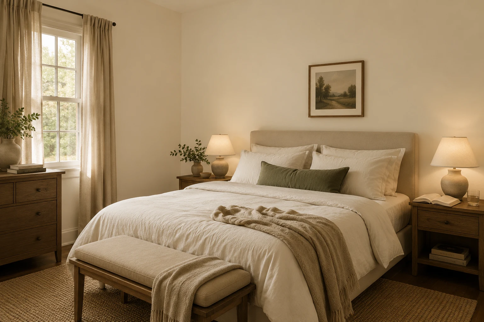 bedroom with manchester tan hc-81 walls, linen bedding, warm wood nightstands, and soft lamp light