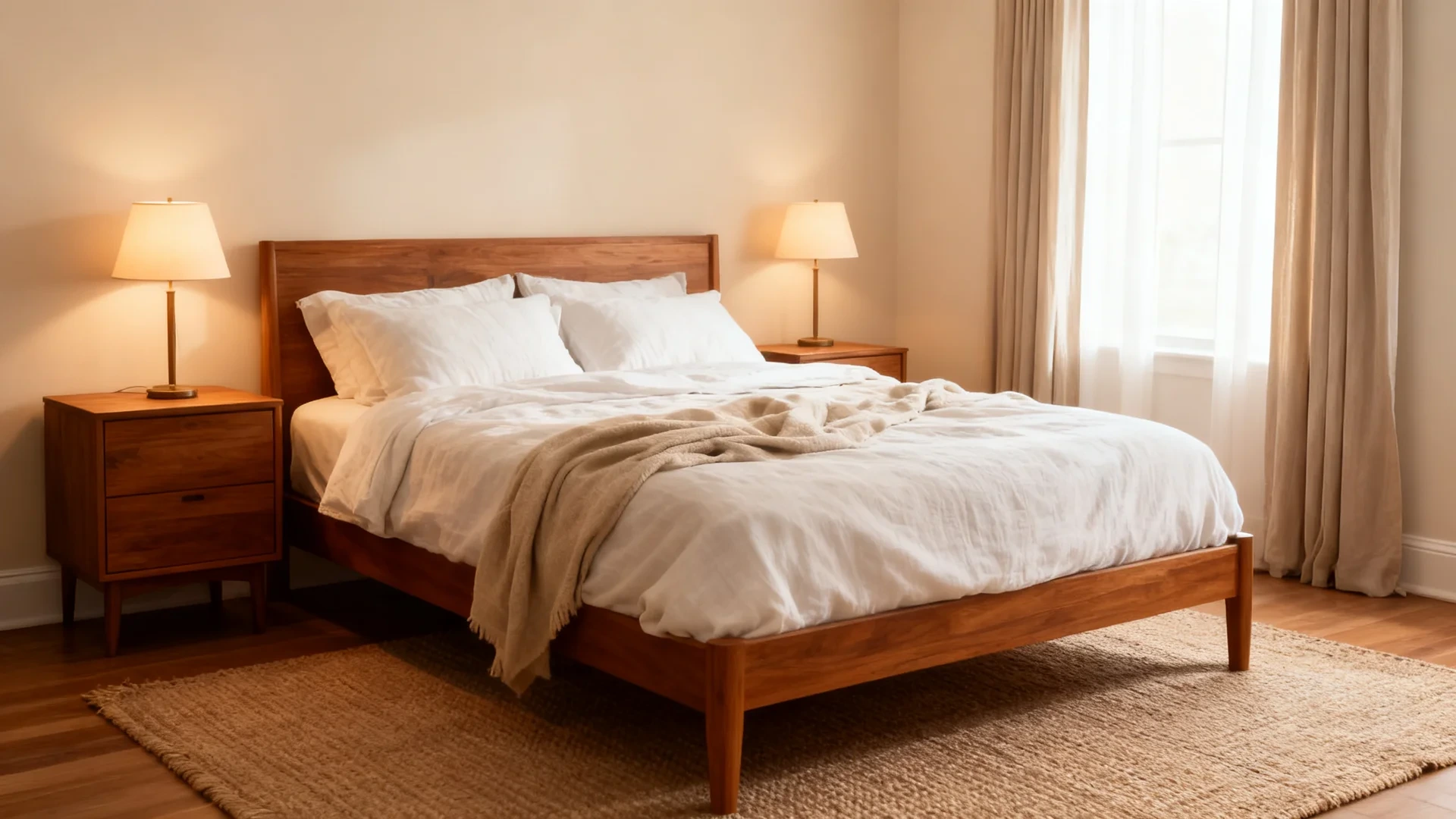 bedroom with natural linen walls, soft linen bedding, warm wood nightstands, and gentle lamp light