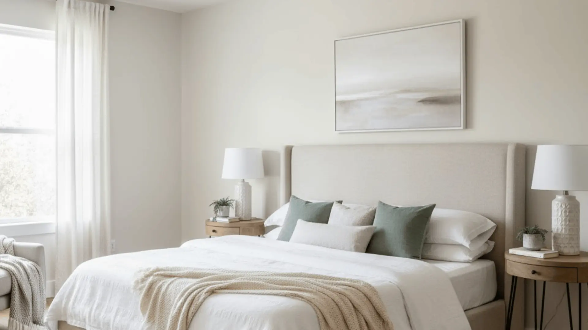 Bedroom with Natural Choice SW 7011 walls, beige upholstered headboard, white bedding, and green accent pillows