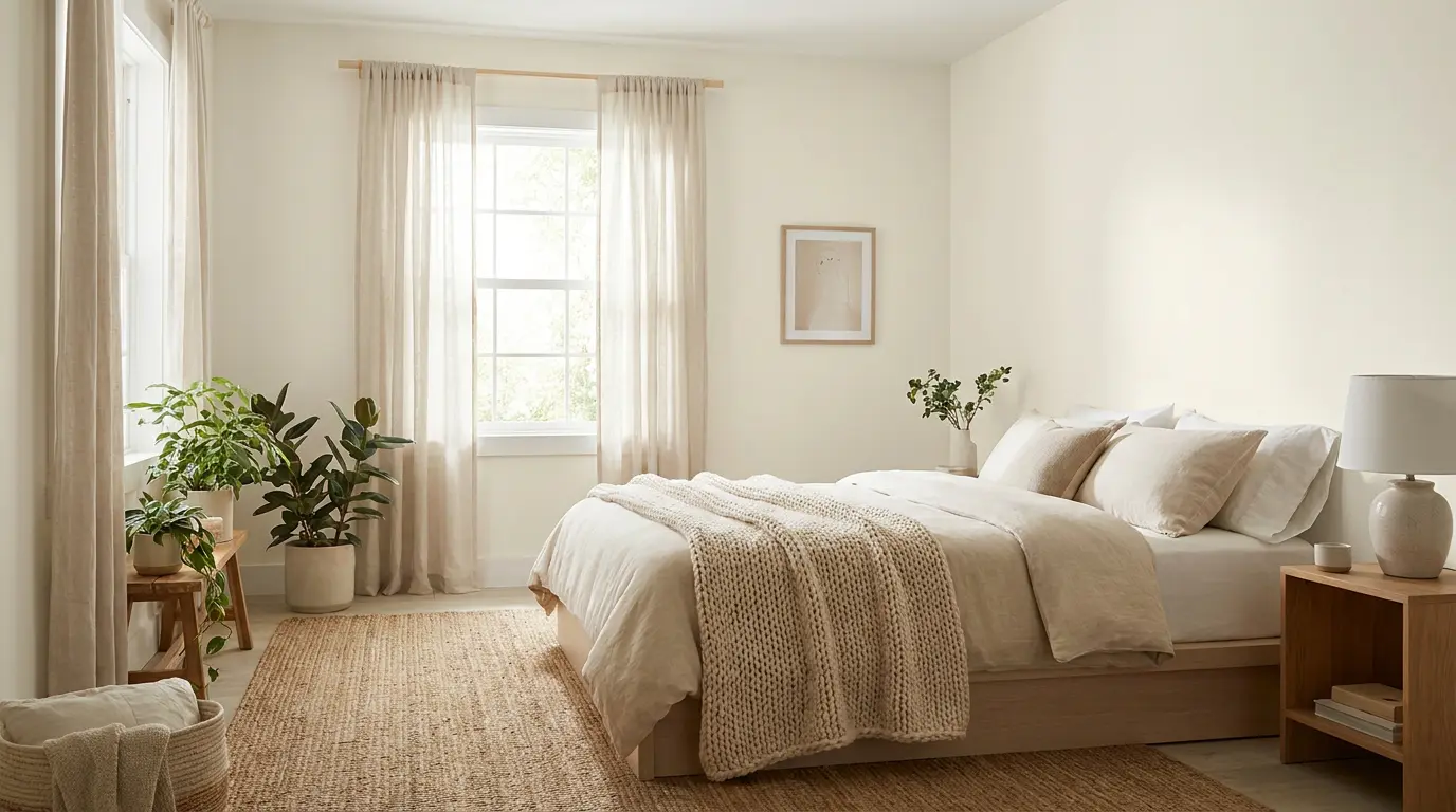 Bedroom with White Duck walls, white bedding, beige throw pillows and warm lamp lighting