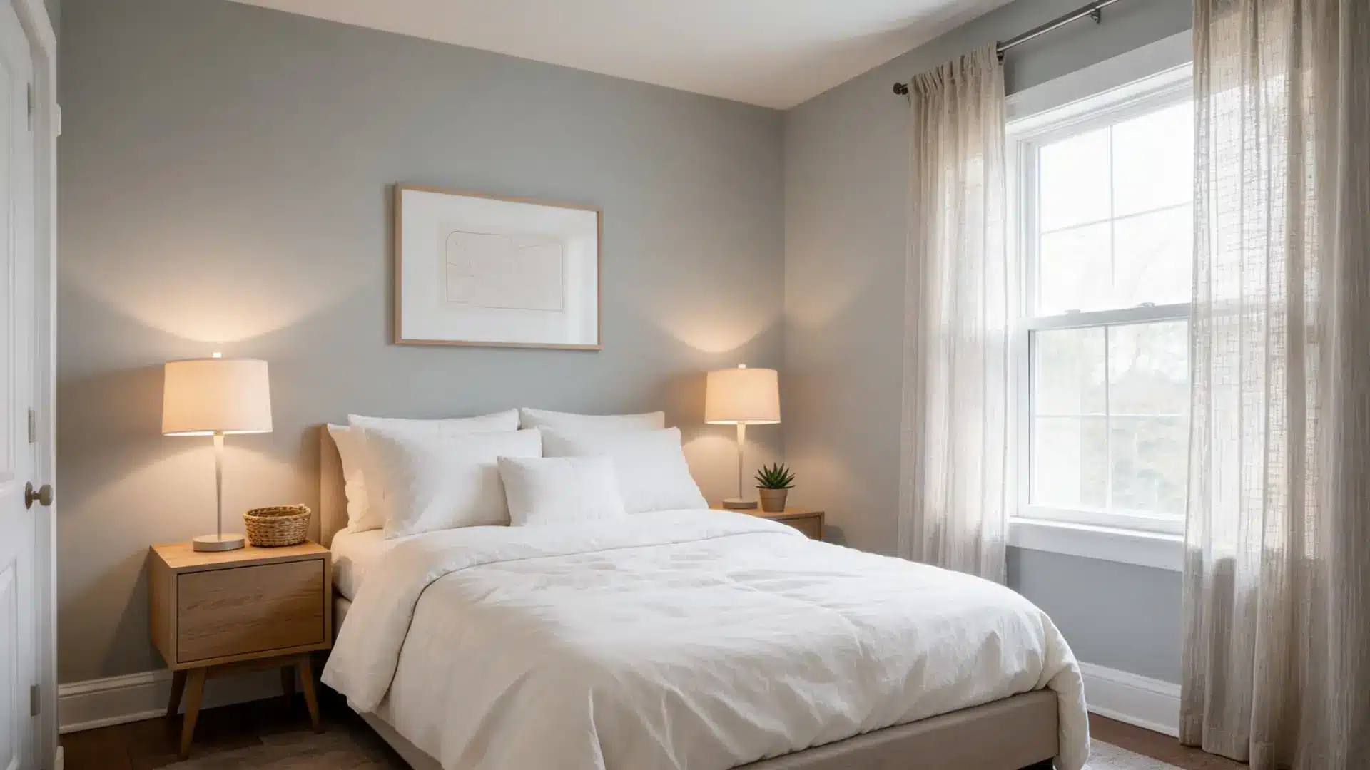 bedroom with Benjamin Moore Gray Owl-inspired light gray walls, white trim, warm bedding, wood furniture, and soft lighting