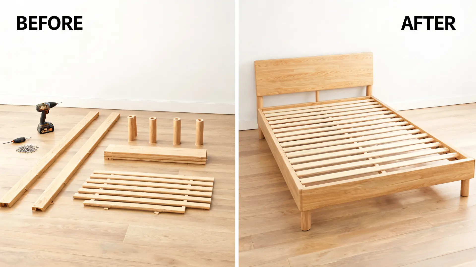 before and after DIY platform bed frame showing unassembled wooden parts with tools on one side and the finished basic wood frame with slats on the other