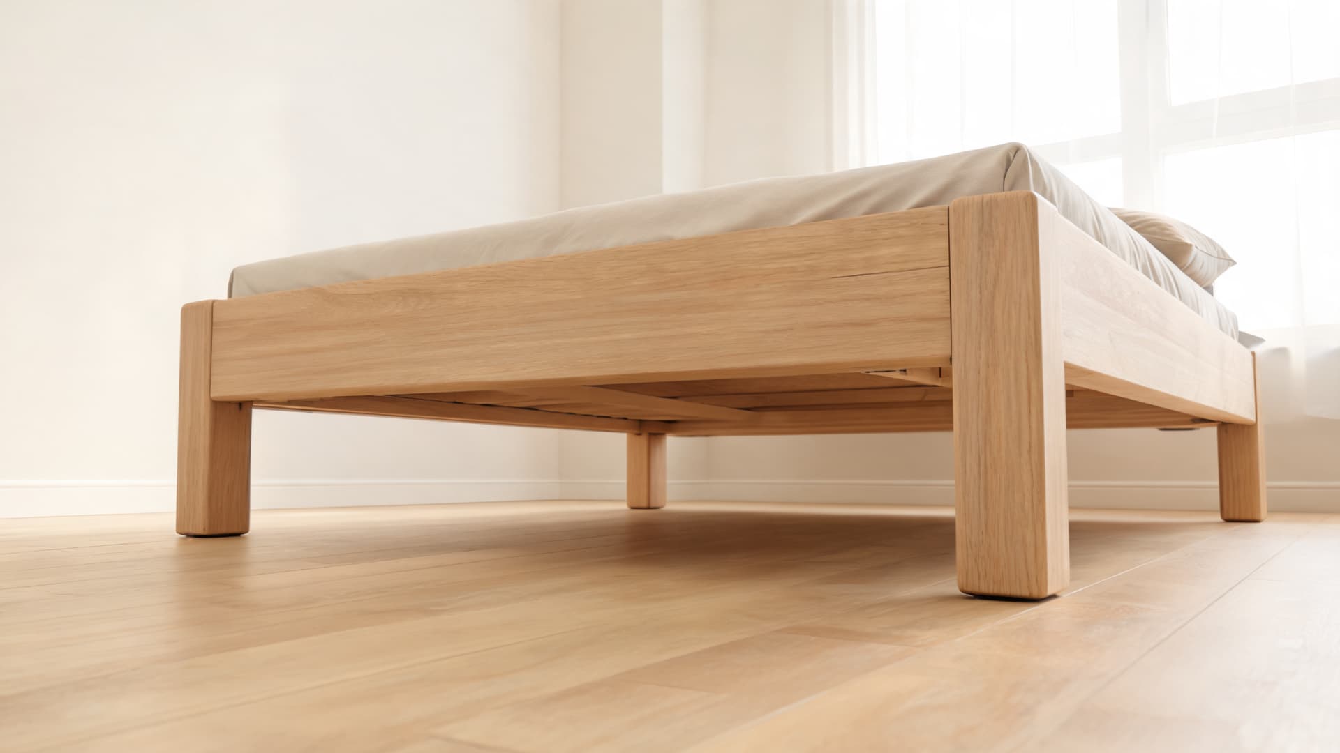 low angle view of wooden bed legs lifting the frame off the floor with open space underneath for airflow