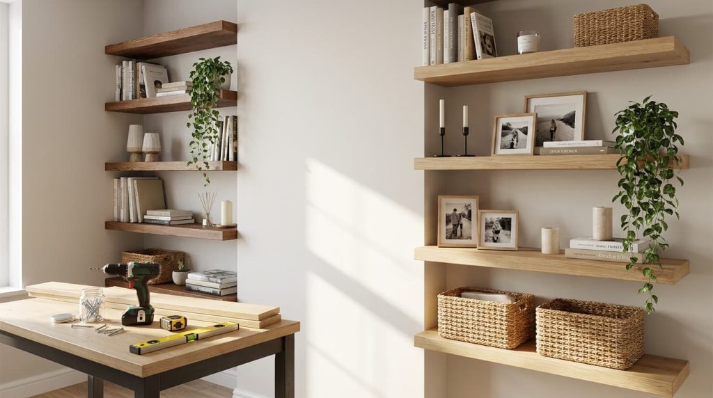 beginner diy wall shelves with wood boards tools and styled shelves in a bright modern room