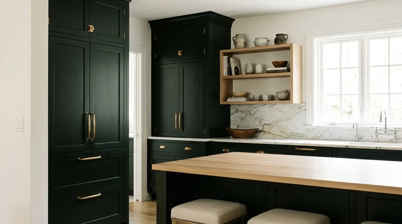 benjamin moore salamander cabinets with brass hardware soft white walls and warm wood accents in a polished kitchen