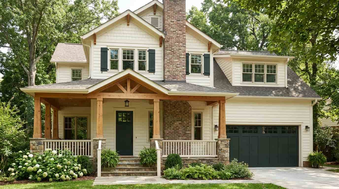 benjamin moore salamander front door and shutters with cream siding warm trim natural wood and garden greenery