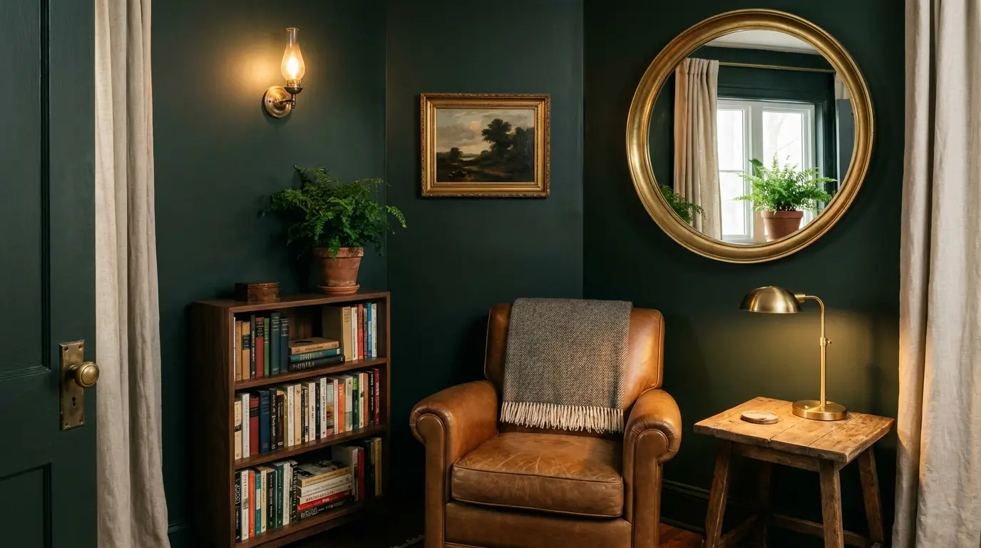 benjamin moore salamander in a small moody room with warm lighting wood accents and light details for contrast