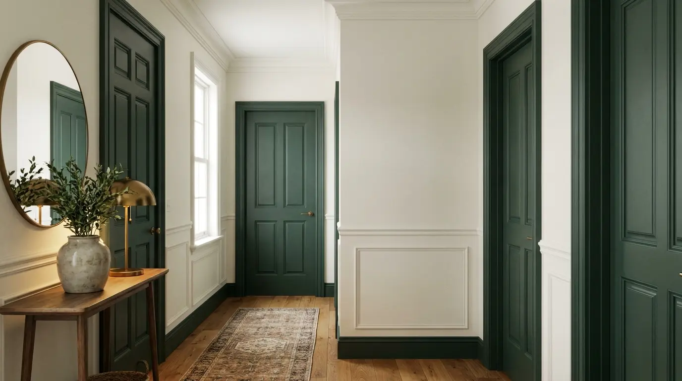 benjamin moore salamander on interior doors and trim with light walls warm wood floors and a classic hallway look