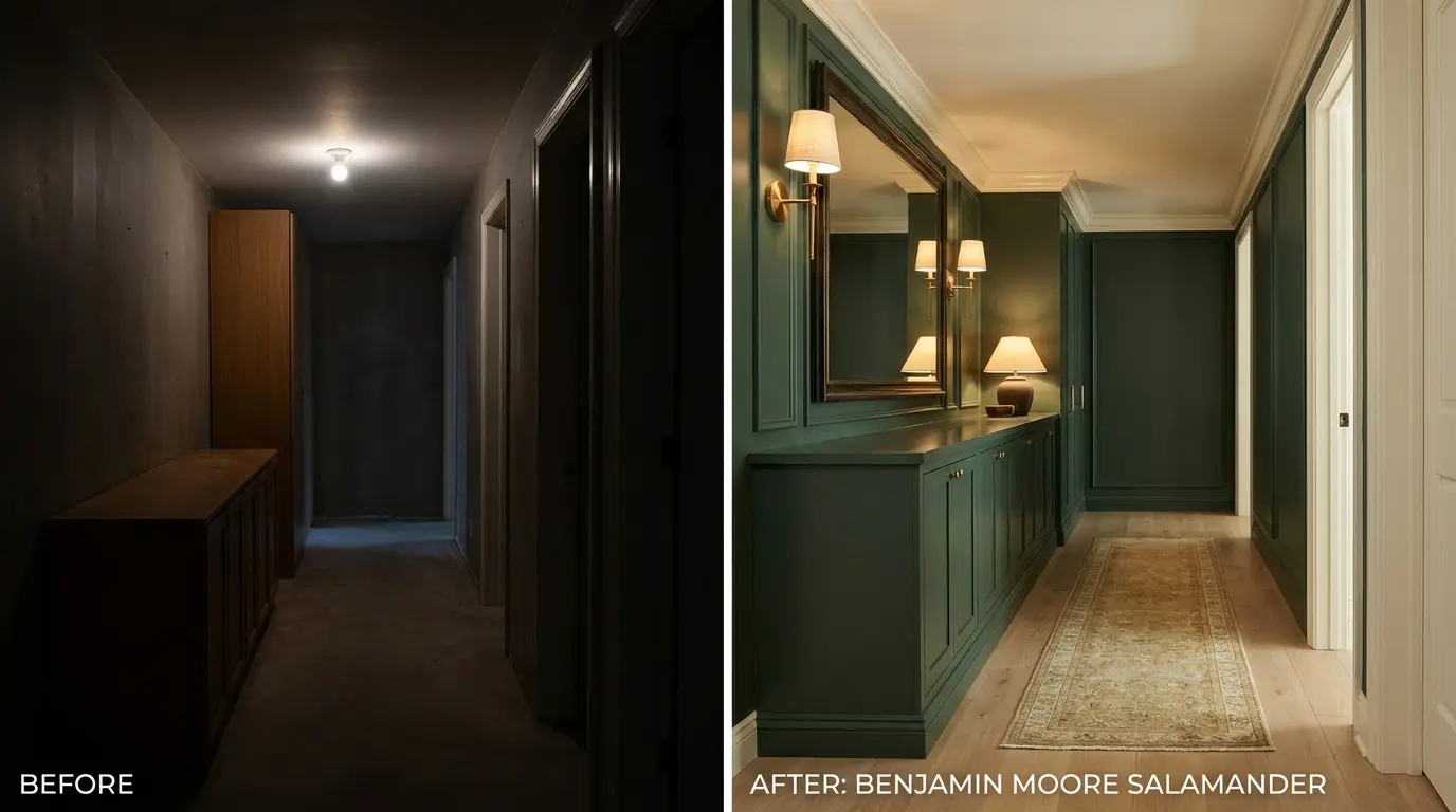 benjamin moore salamander used on one feature in a darker room with light trim warm lamps and reflective surfaces