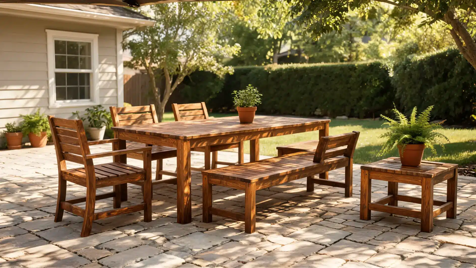 acacia wood outdoor dining set with warm brown grain on a partly covered backyard patio