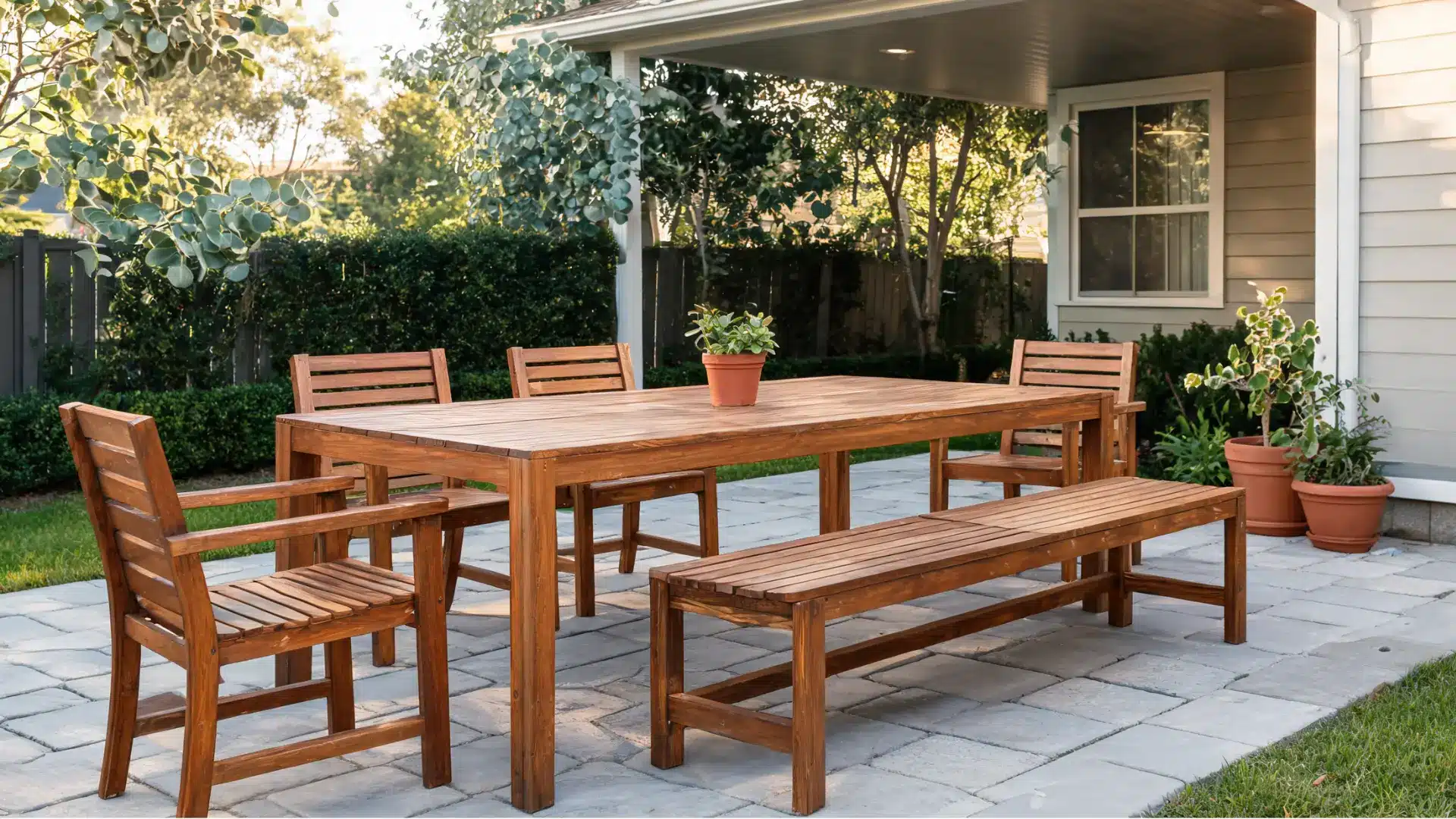 eucalyptus wood outdoor dining table chairs and bench in a bright garden patio setting