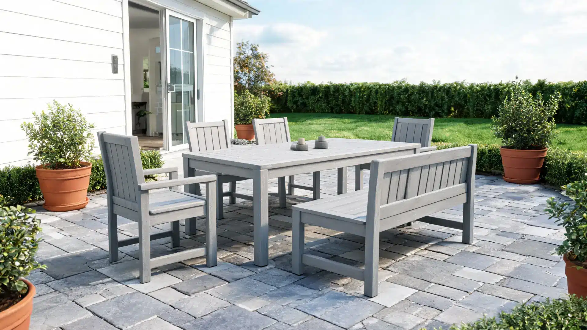 hdpe polywood style outdoor chairs and bench on a stone patio with a sturdy weather resistant finish