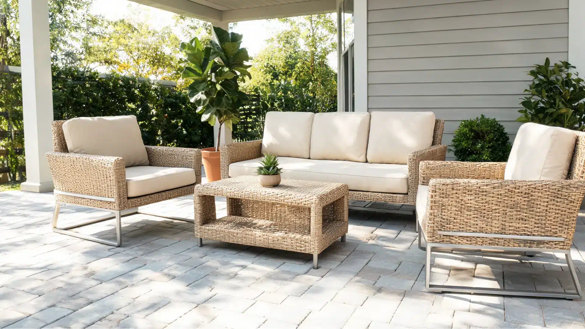 resin wicker patio sofa and chairs with neutral cushions on a covered outdoor seating area