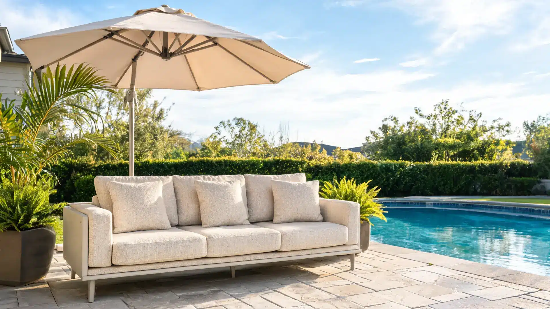 solution dyed acrylic outdoor cushions and pillows on a patio sofa in bright sunlight