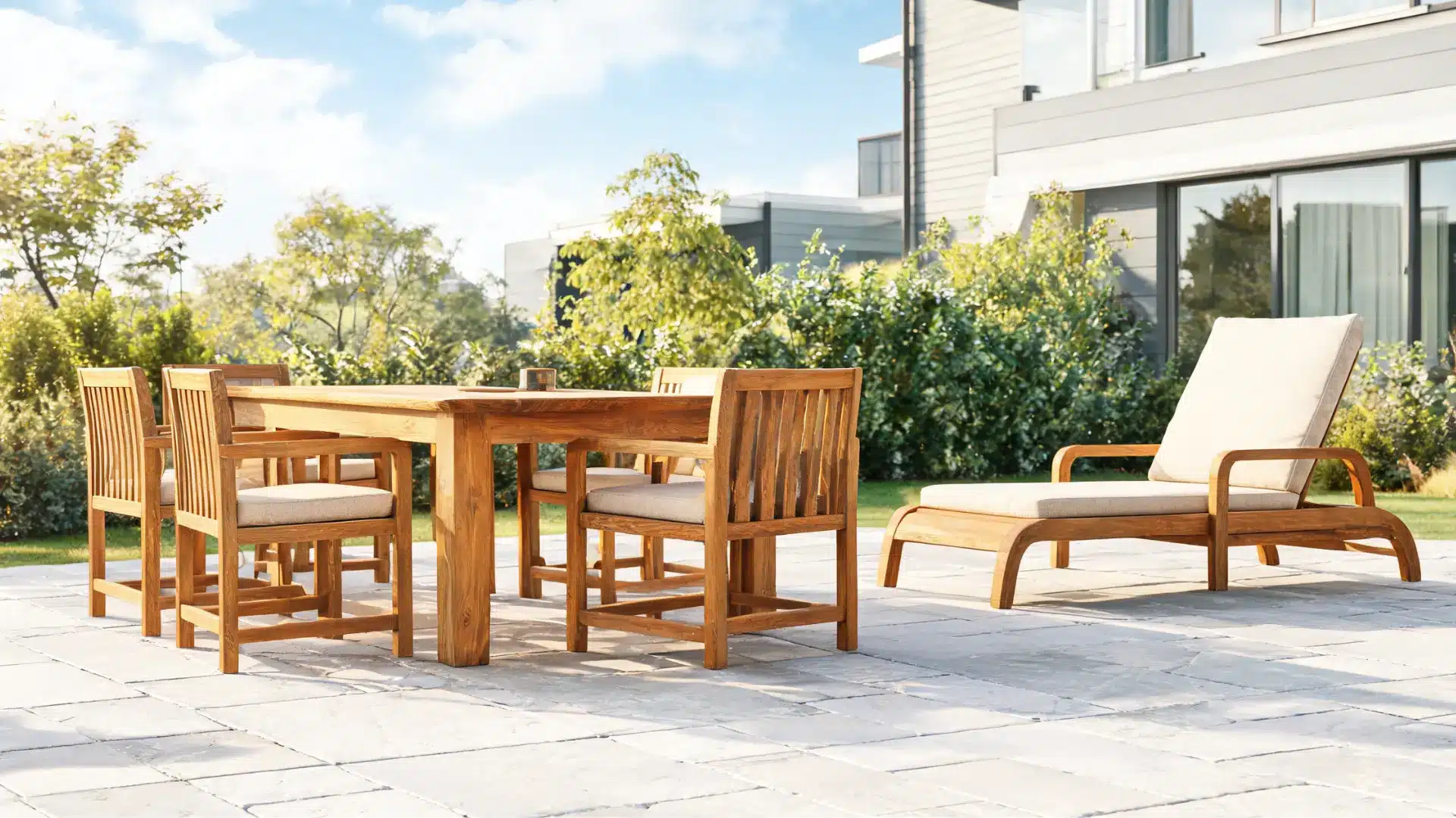 teak outdoor furniture with natural golden brown wood finish on a sunny garden patio